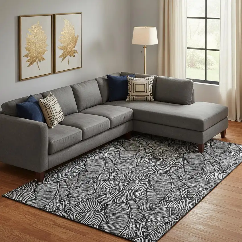 Black And Ivory Floral Washable Area Rug With UV Protection Photo 1