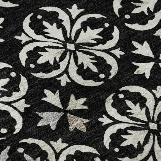 Black And Ivory Floral Washable Area Rug With UV Protection Photo 9