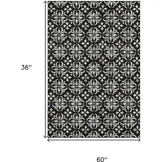 Black And Ivory Floral Washable Area Rug With UV Protection Photo 3