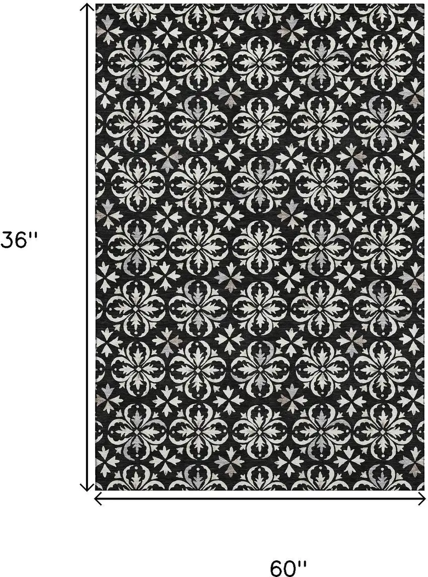 Black And Ivory Floral Washable Area Rug With UV Protection Photo 3