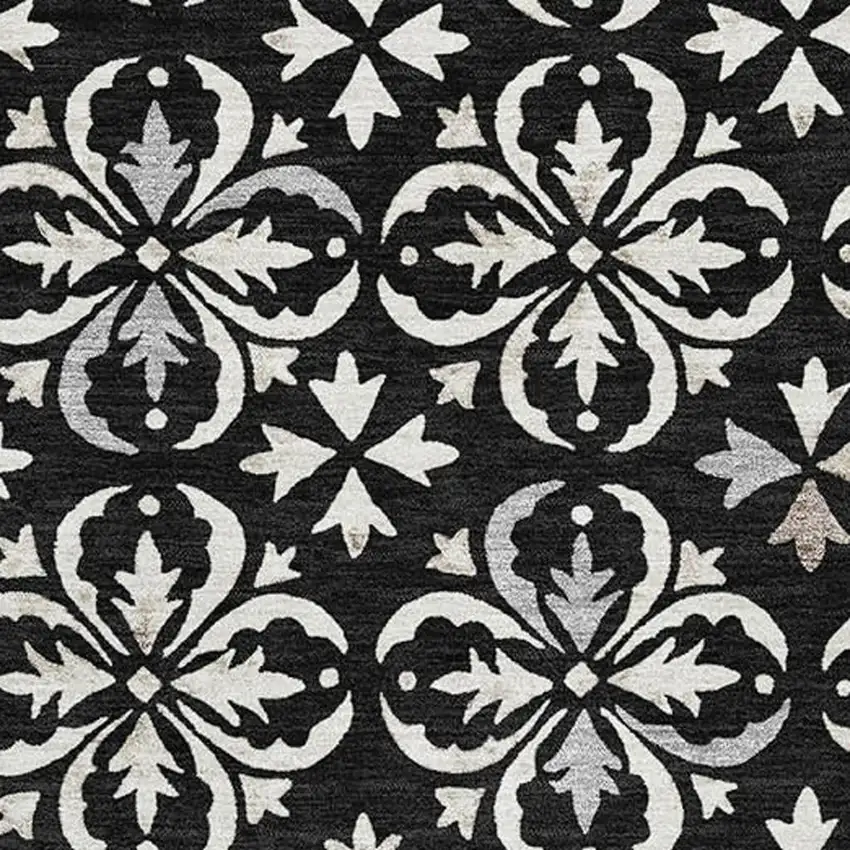 Black And Ivory Floral Washable Area Rug With UV Protection Photo 4