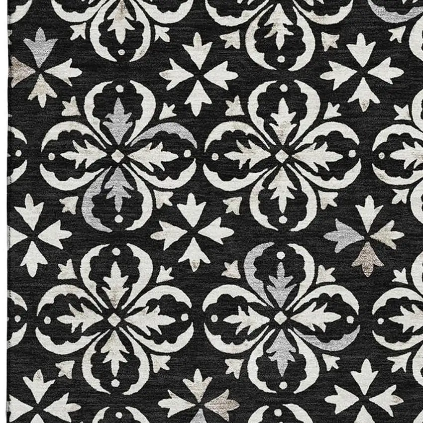 Black And Ivory Floral Washable Area Rug With UV Protection Photo 5