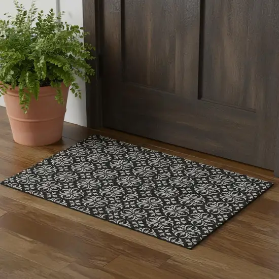 Black And Ivory Floral Washable Area Rug With UV Protection Photo 1