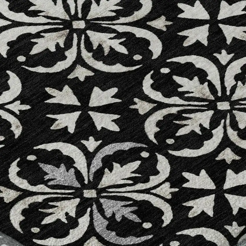 Black And Ivory Floral Washable Area Rug With UV Protection Photo 2