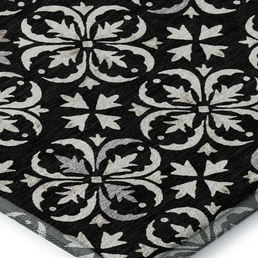 Black And Ivory Floral Washable Area Rug With UV Protection Photo 3