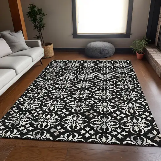 Black And Ivory Floral Washable Area Rug With UV Protection Photo 5