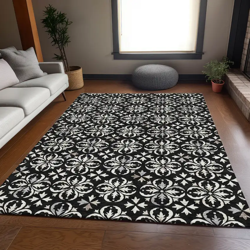 Black And Ivory Floral Washable Area Rug With UV Protection Photo 5