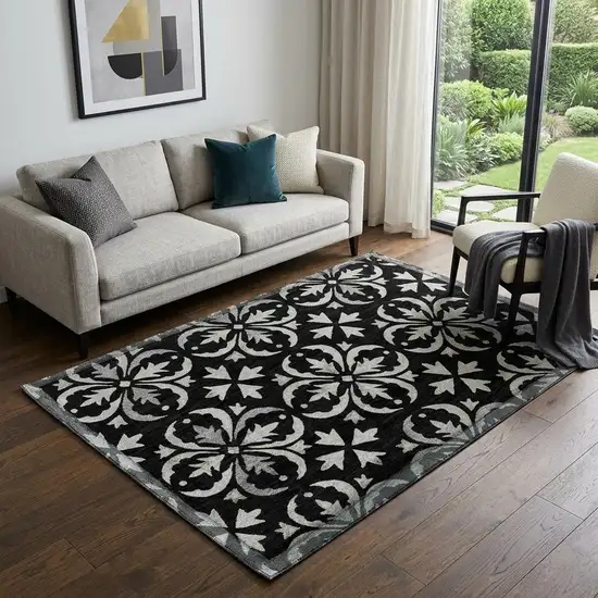 Black And Ivory Floral Washable Area Rug With UV Protection Photo 1