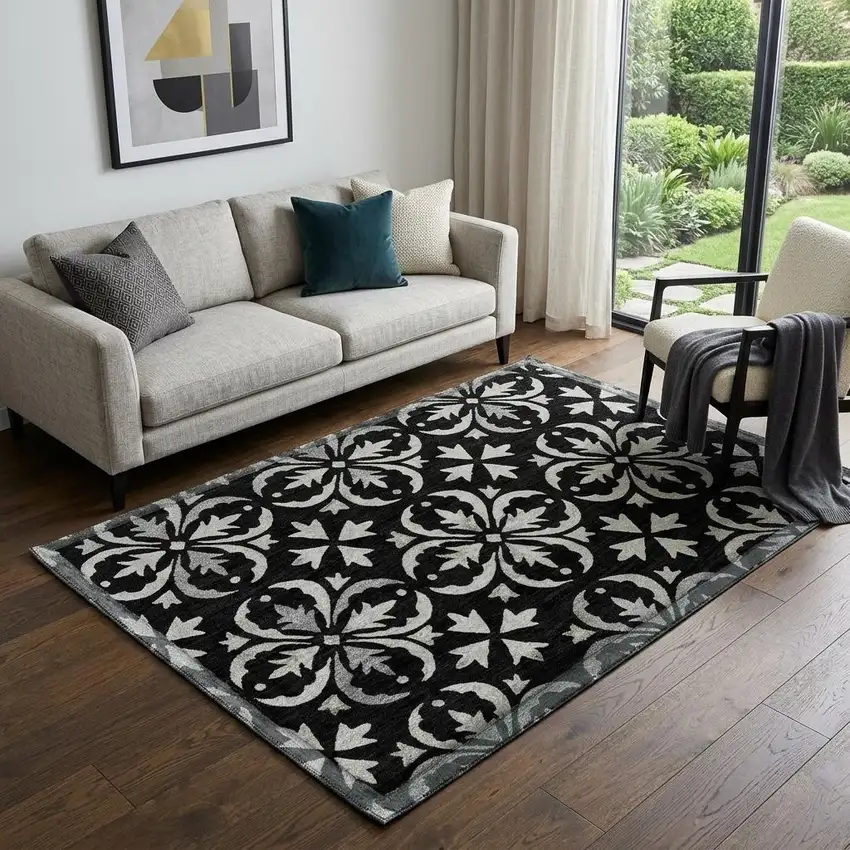 Black And Ivory Floral Washable Area Rug With UV Protection Photo 1