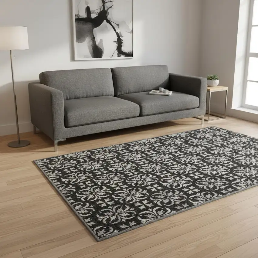 Black And Ivory Floral Washable Area Rug With UV Protection Photo 2