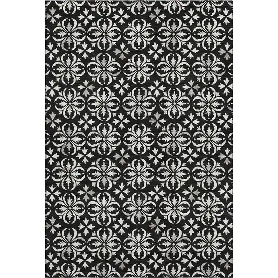Black And Ivory Floral Washable Area Rug With UV Protection Photo 6