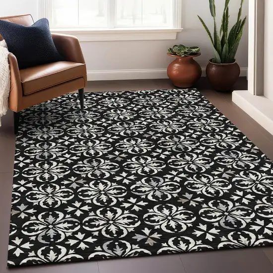 Black And Ivory Floral Washable Area Rug With UV Protection Photo 4