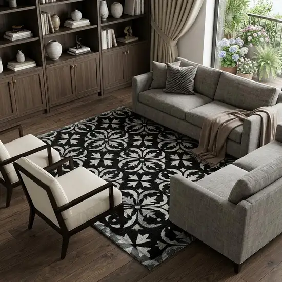 Black And Ivory Floral Washable Area Rug With UV Protection Photo 1