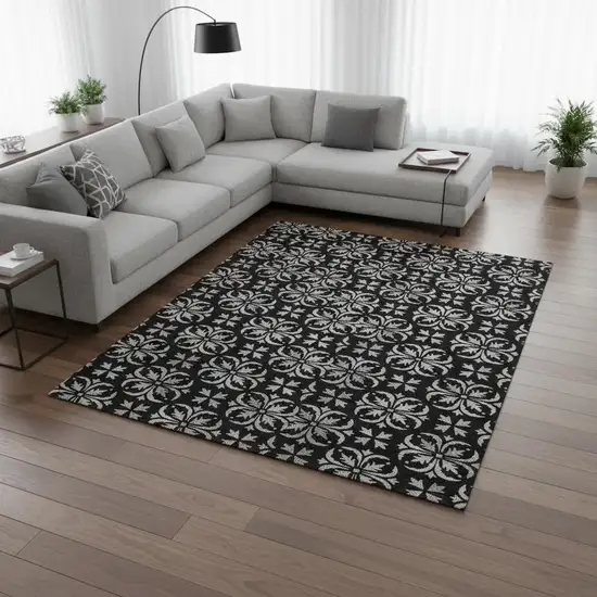 Black And Ivory Floral Washable Area Rug With UV Protection Photo 2