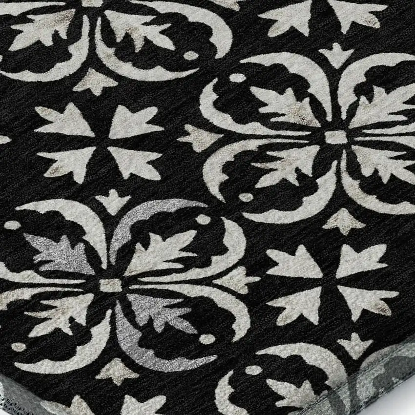 Black And Ivory Floral Washable Area Rug With UV Protection Photo 2