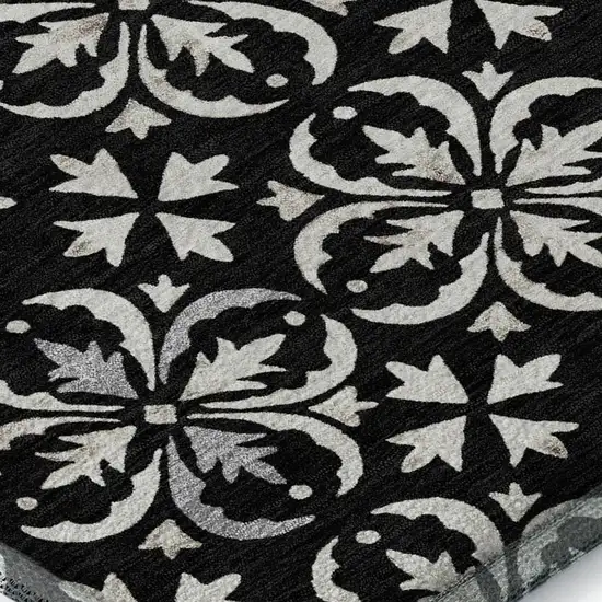 Black And Ivory Floral Washable Area Rug With UV Protection Photo 2
