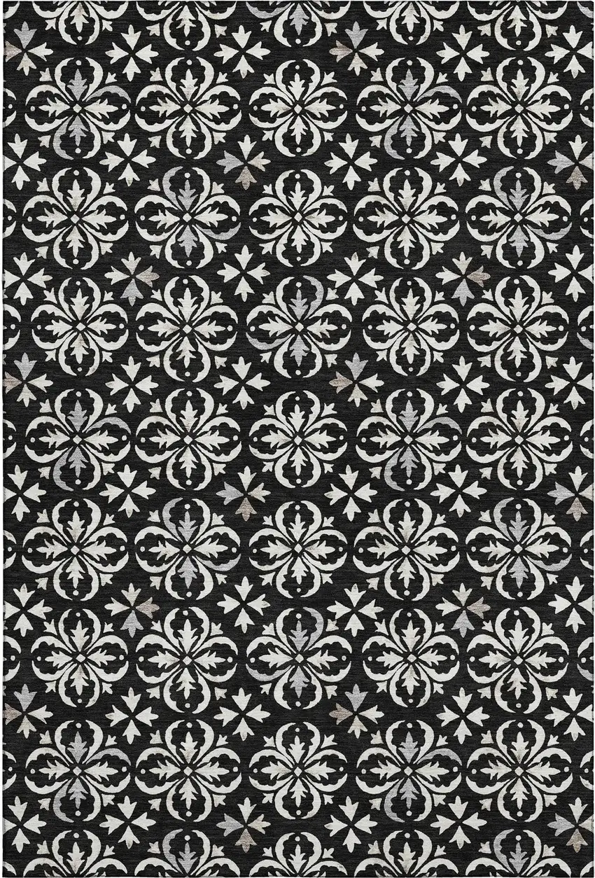 Black And Ivory Floral Washable Area Rug With UV Protection Photo 6