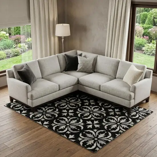 Black And Ivory Floral Washable Area Rug With UV Protection Photo 1