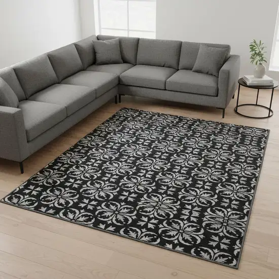 Black And Ivory Floral Washable Area Rug With UV Protection Photo 2