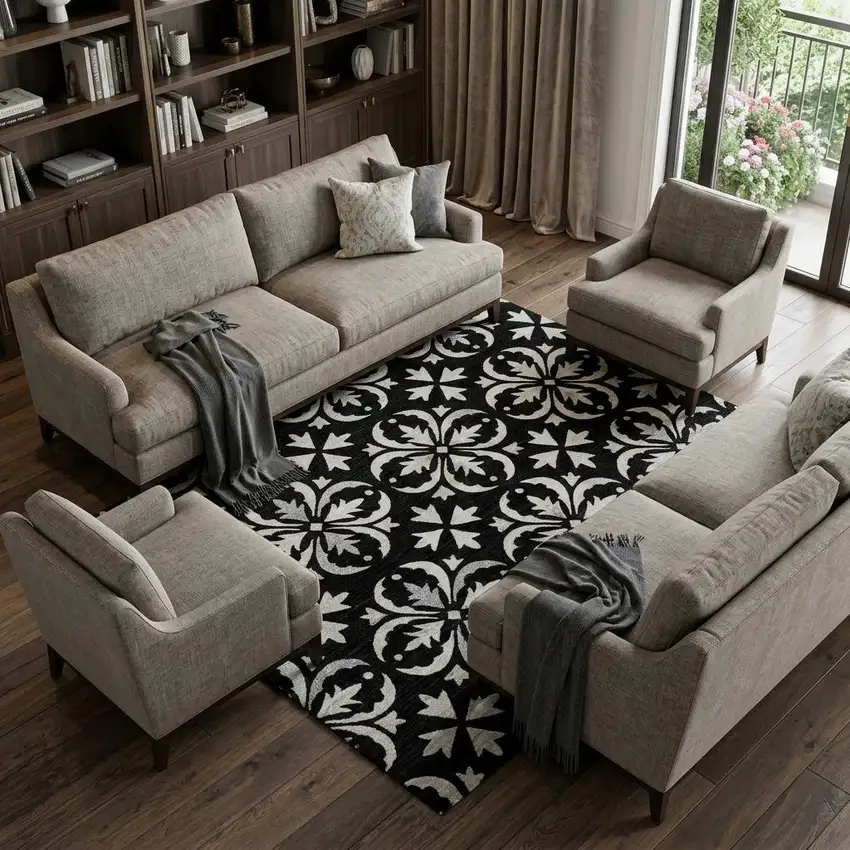 Black And Ivory Floral Washable Area Rug With UV Protection Photo 1
