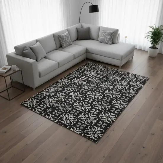 Black And Ivory Floral Washable Area Rug With UV Protection Photo 2