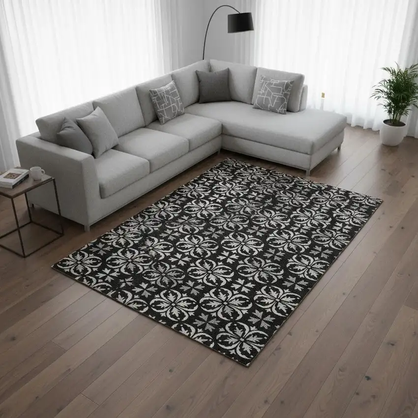 Black And Ivory Floral Washable Area Rug With UV Protection Photo 2