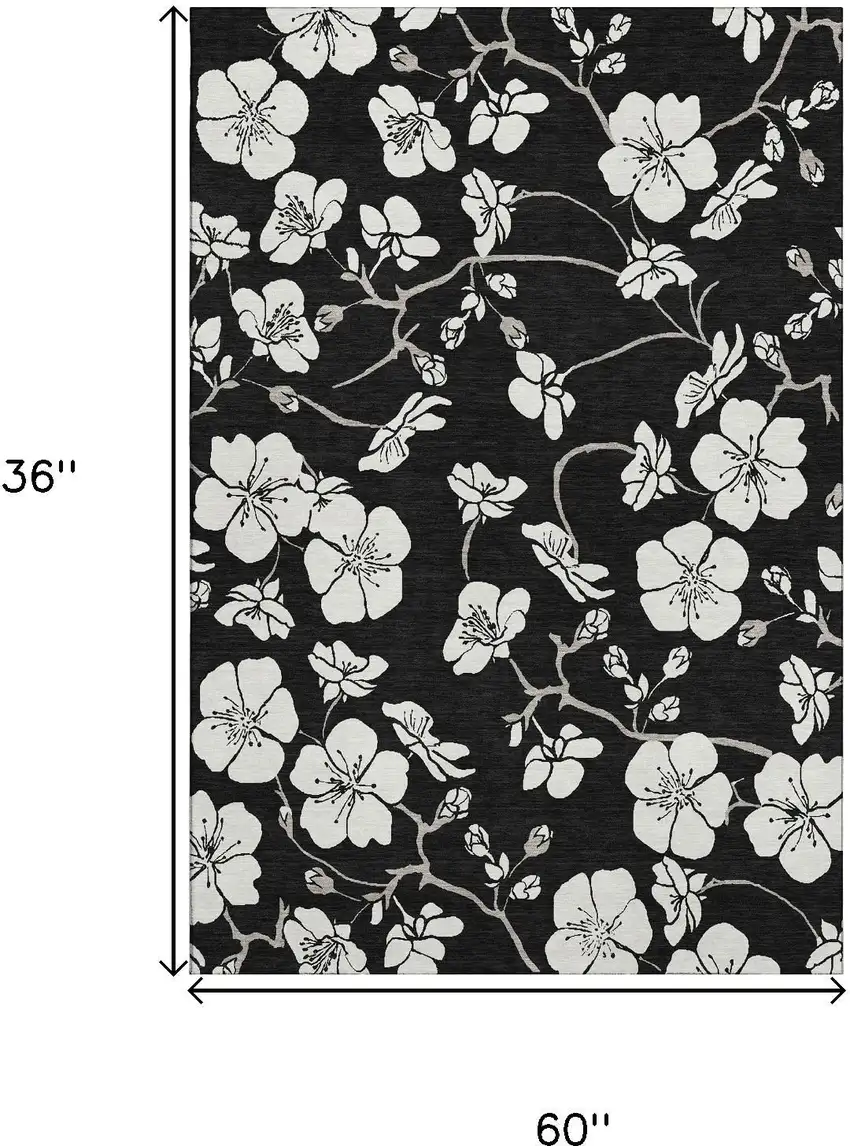 Black And Ivory Floral Washable Area Rug With UV Protection Photo 7