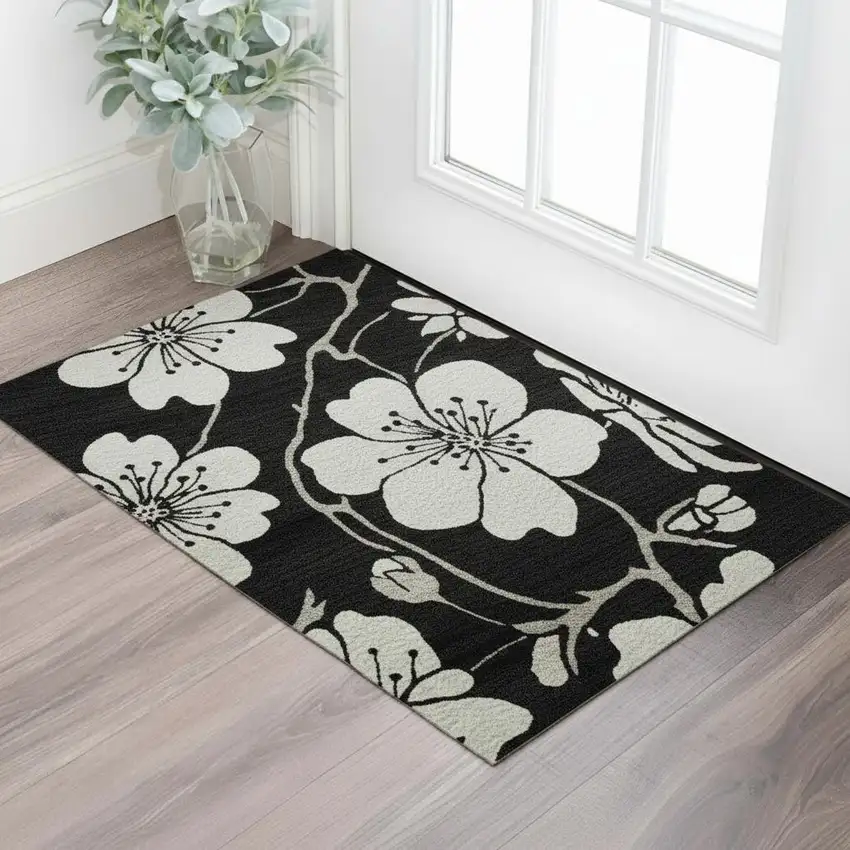 Black And Ivory Floral Washable Area Rug With UV Protection Photo 2