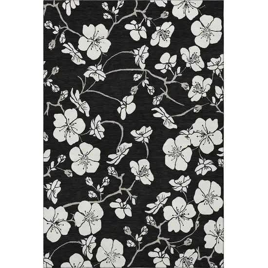 Black And Ivory Floral Washable Area Rug With UV Protection Photo 3