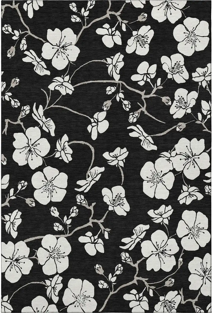 Black And Ivory Floral Washable Area Rug With UV Protection Photo 3