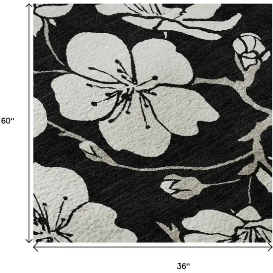 Black And Ivory Floral Washable Area Rug With UV Protection Photo 9