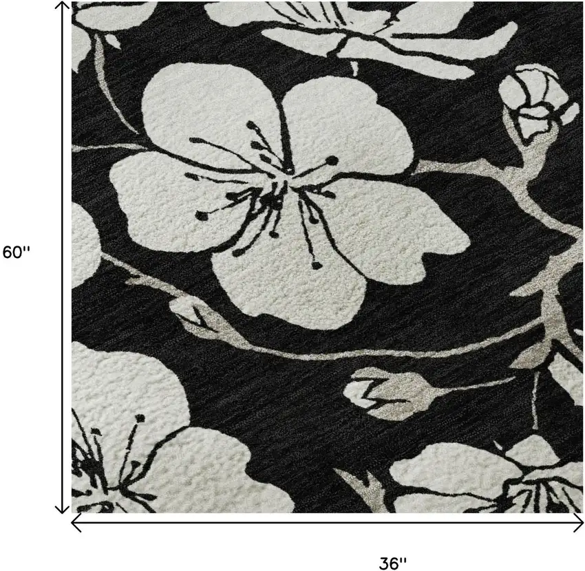 Black And Ivory Floral Washable Area Rug With UV Protection Photo 9