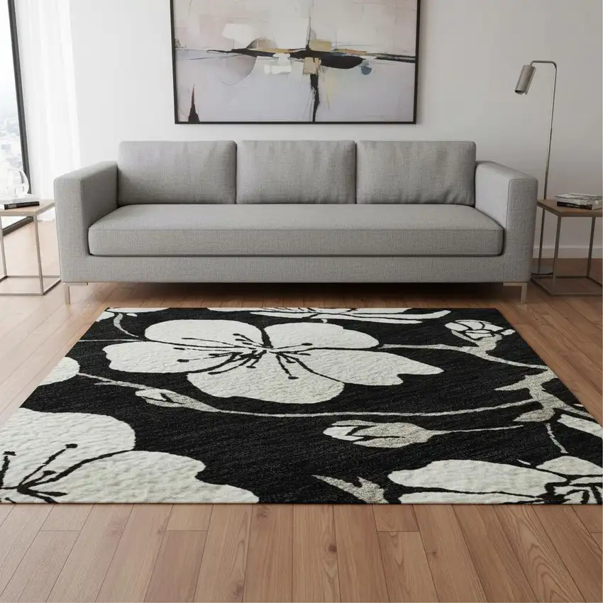 Black And Ivory Floral Washable Area Rug With UV Protection Photo 2