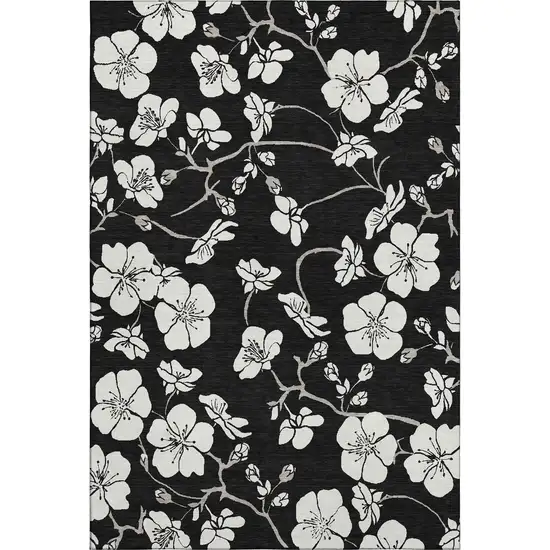 Black And Ivory Floral Washable Area Rug With UV Protection Photo 5