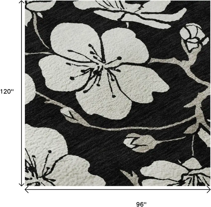 Black And Ivory Floral Washable Area Rug With UV Protection Photo 9