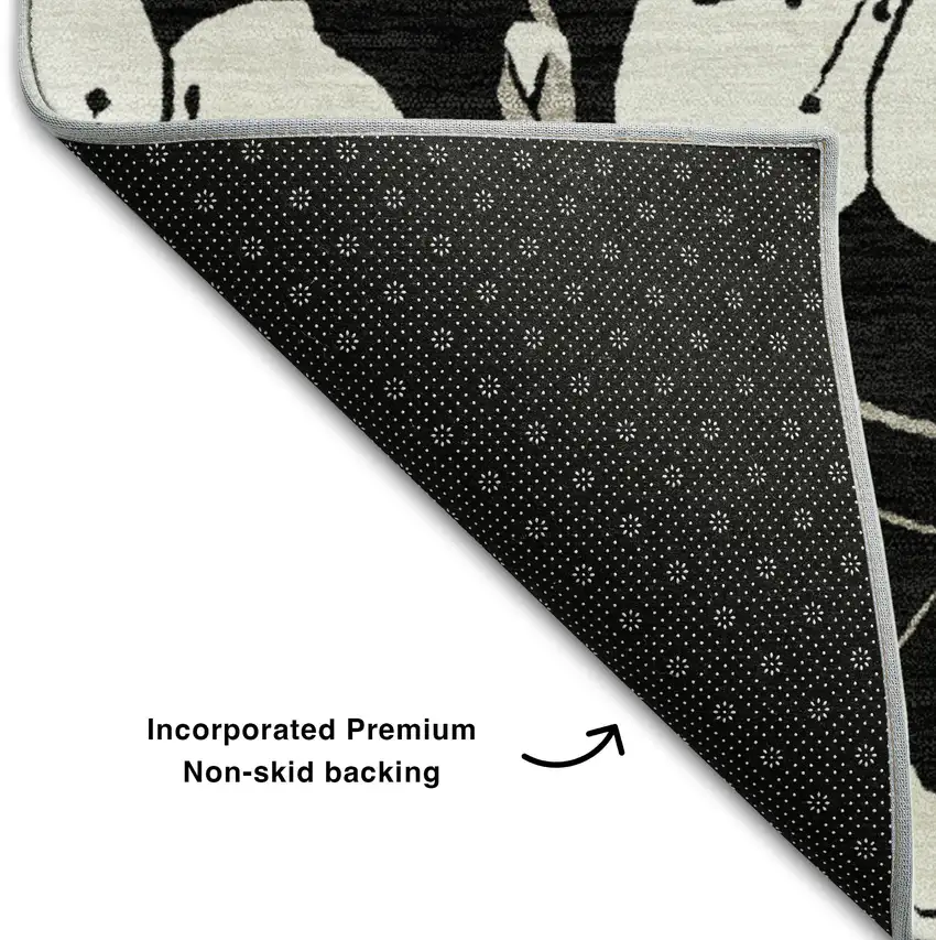 Black And Ivory Floral Washable Area Rug With UV Protection Photo 6