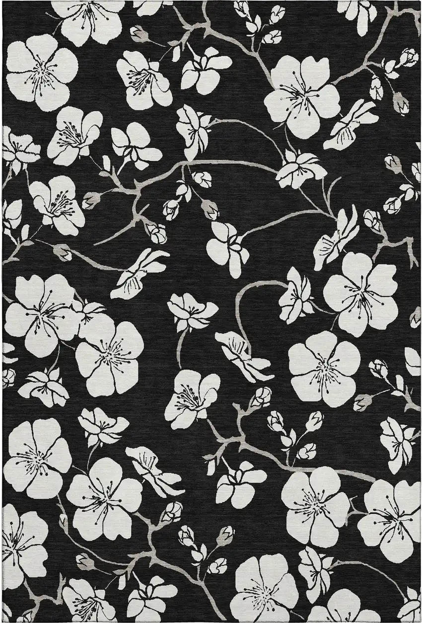 Black And Ivory Floral Washable Area Rug With UV Protection Photo 5