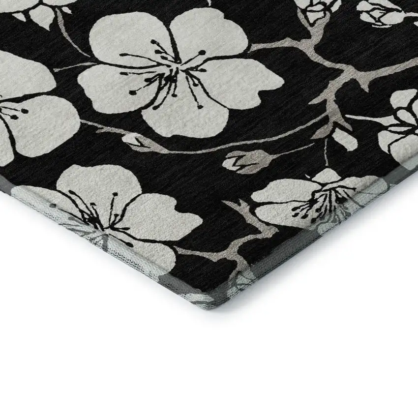 Black And Ivory Floral Washable Area Rug With UV Protection Photo 7