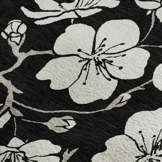 Black And Ivory Floral Washable Area Rug With UV Protection Photo 2