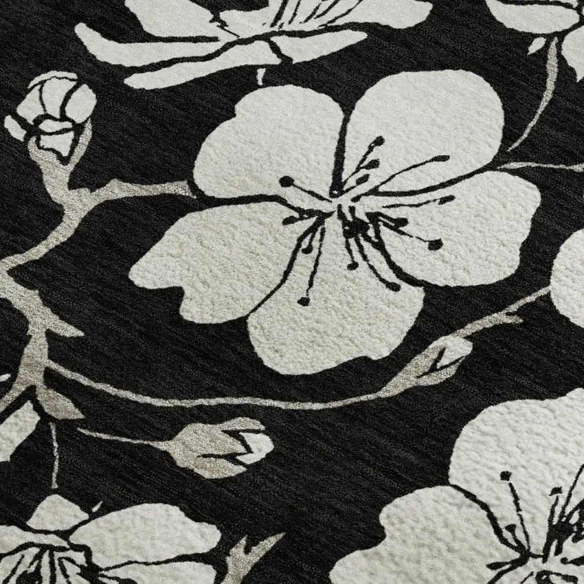 Black And Ivory Floral Washable Area Rug With UV Protection Photo 2