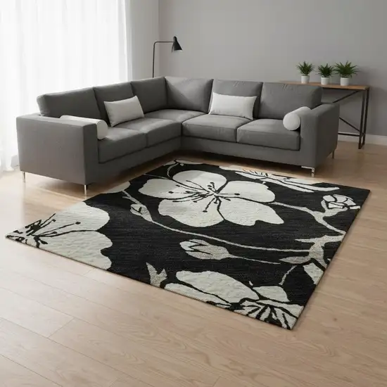 Black And Ivory Floral Washable Area Rug With UV Protection Photo 2