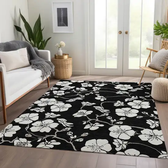 Black And Ivory Floral Washable Area Rug With UV Protection Photo 3