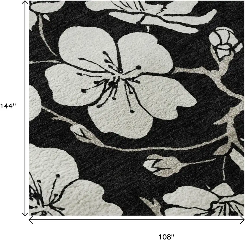 Black And Ivory Floral Washable Area Rug With UV Protection Photo 8