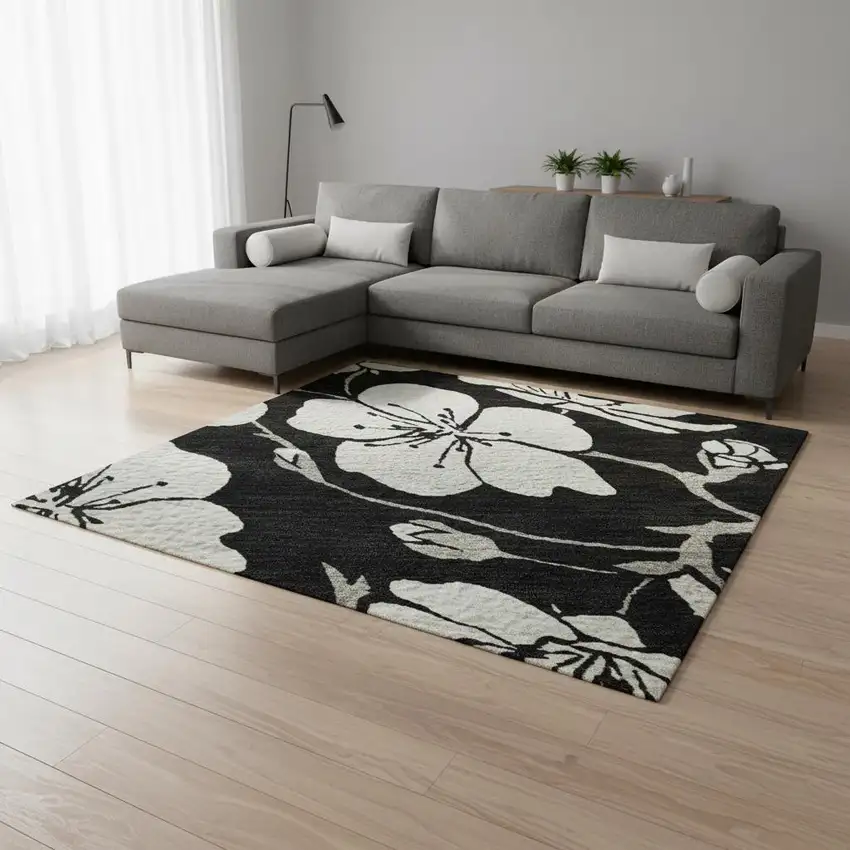 Black And Ivory Floral Washable Area Rug With UV Protection Photo 2