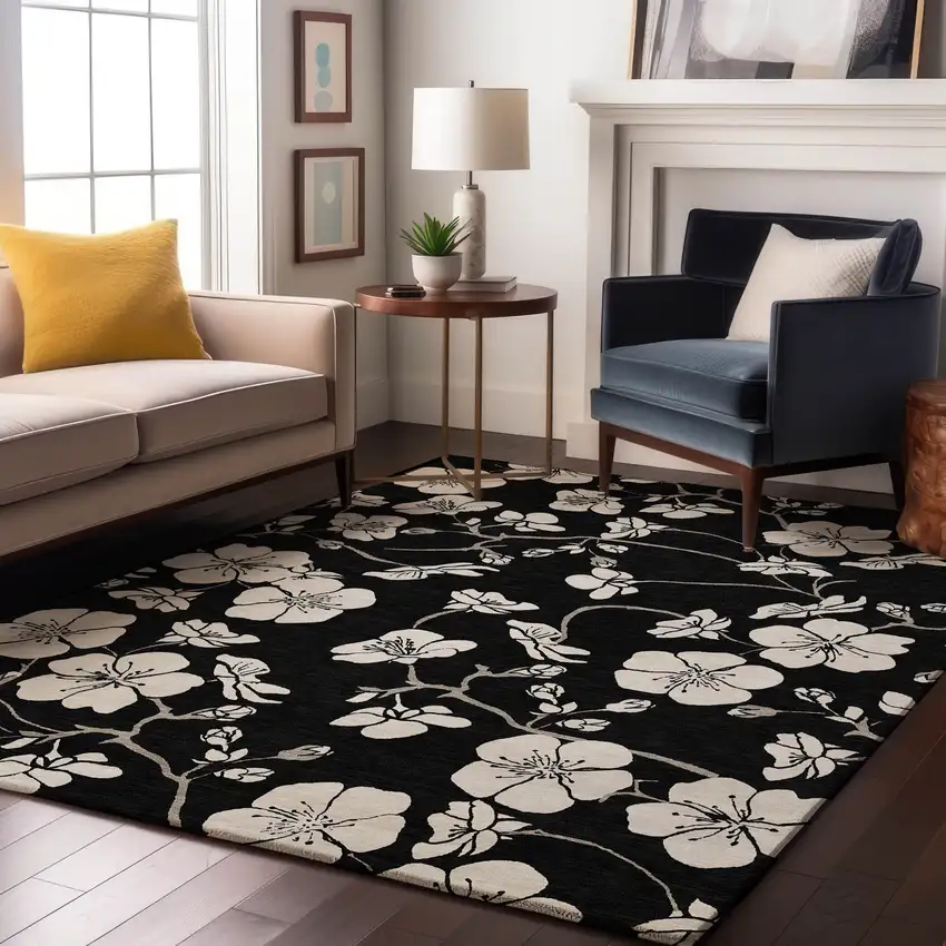 Black And Ivory Floral Washable Area Rug With UV Protection Photo 2