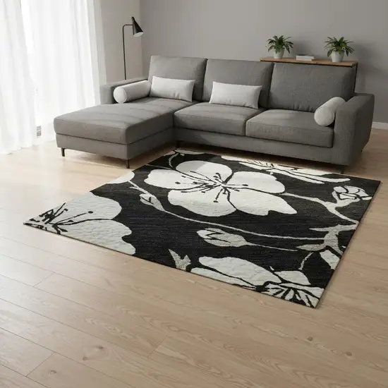 Black And Ivory Floral Washable Area Rug With UV Protection Photo 2