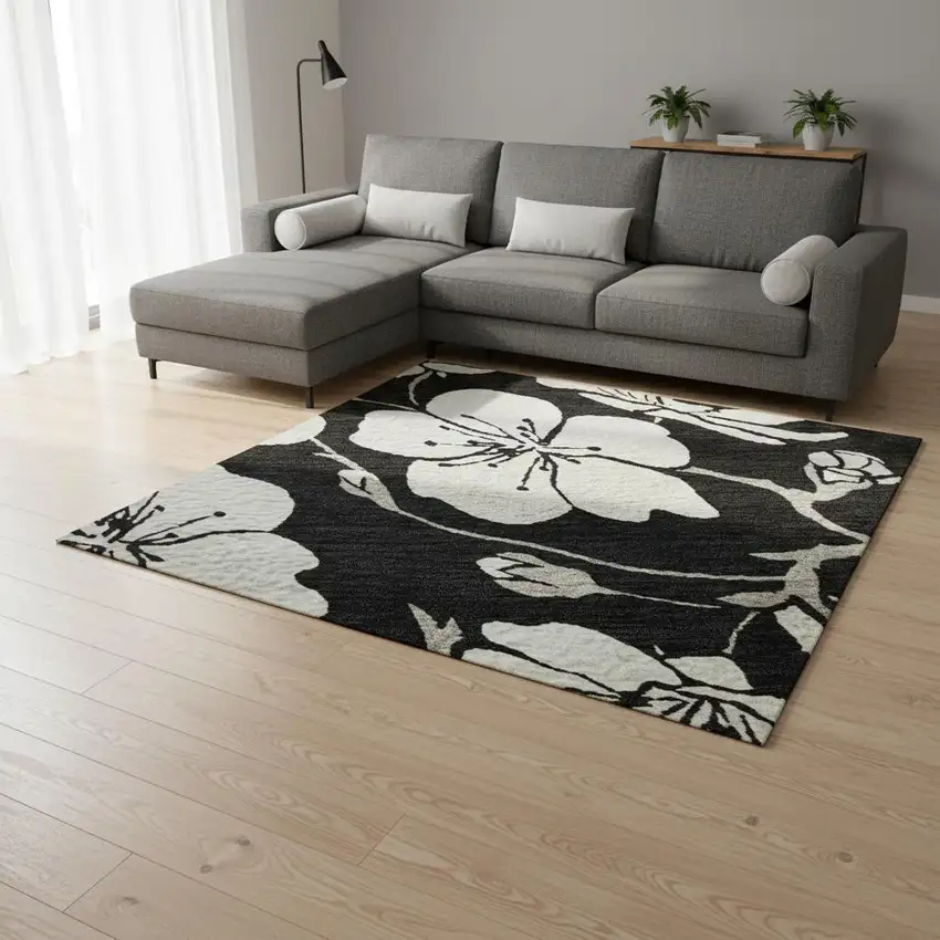 Black And Ivory Floral Washable Area Rug With UV Protection Photo 2