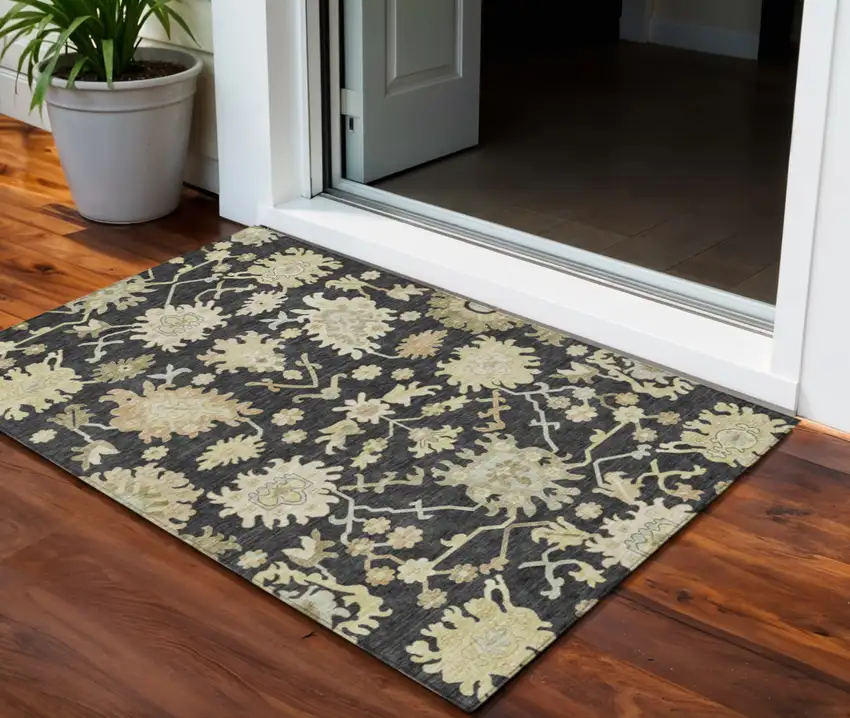 Black And Ivory Floral Washable Indoor Outdoor Area Rug Photo 1