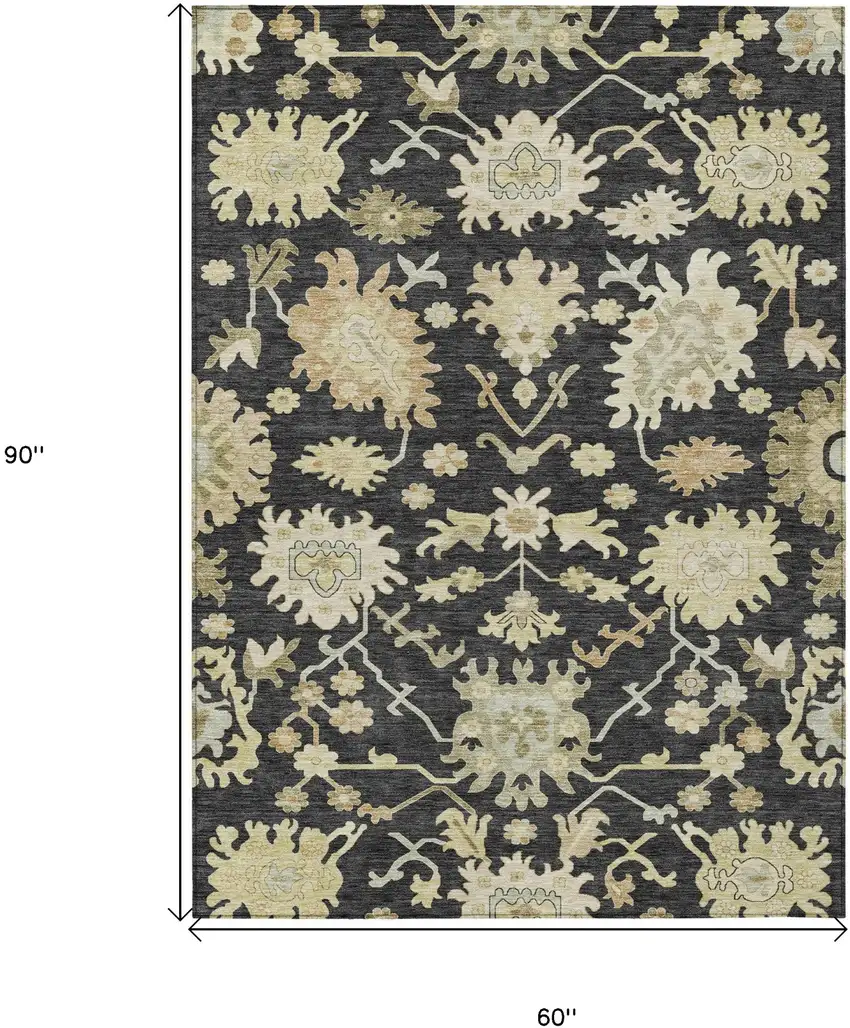 Black And Ivory Floral Washable Indoor Outdoor Area Rug Photo 7