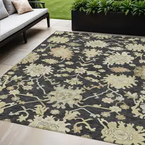 Photo of Black And Ivory Floral Washable Indoor Outdoor Area Rug